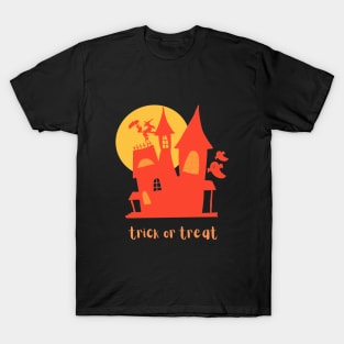 trick or treat Spooky Castle Halloween Season orange for Black Background t-shirt T-Shirt